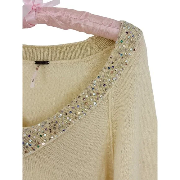 Vintage Free People Sequin V-Neck Cream Knit Sweater | Luxe Boho Soft Girl Y2K S - Picture 3 of 15